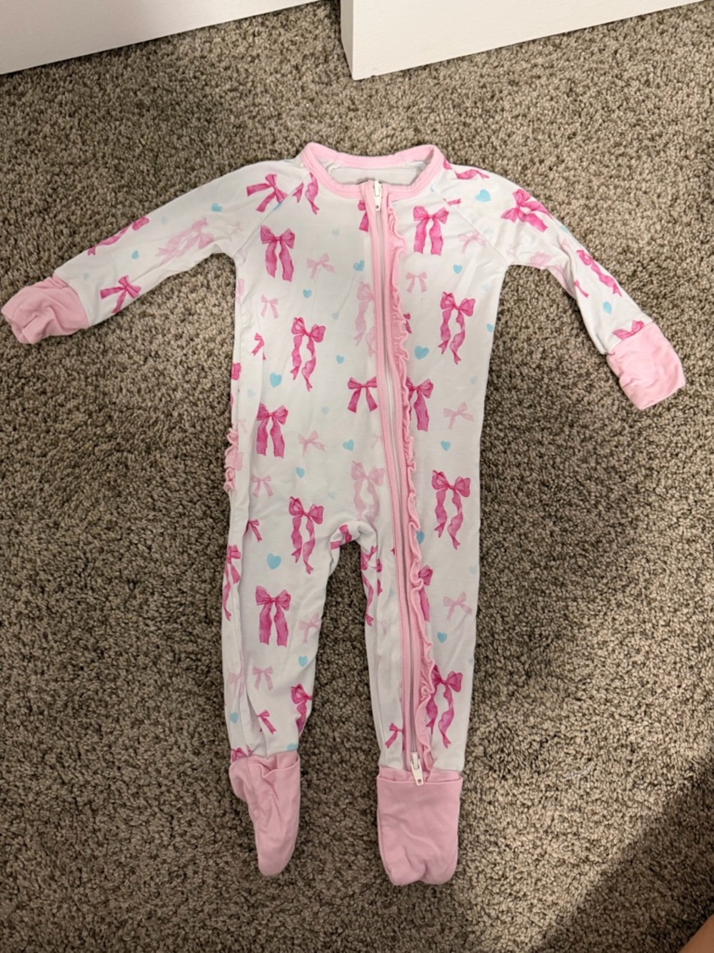 Girls Pink Bow Print Footed One-Piece Pajama